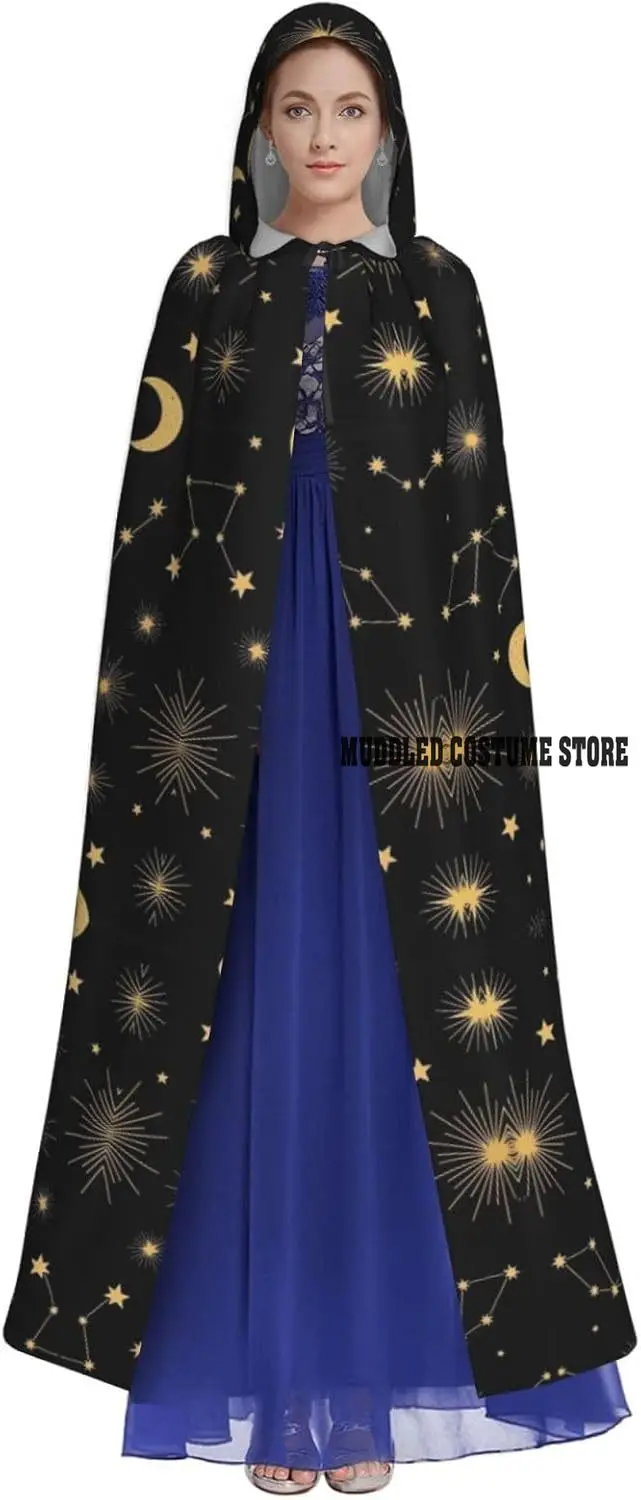 النجوم والقمر مقنعين عباءة الساحرة زي تأثيري كيب هالوين معطف الكبار للجنسين