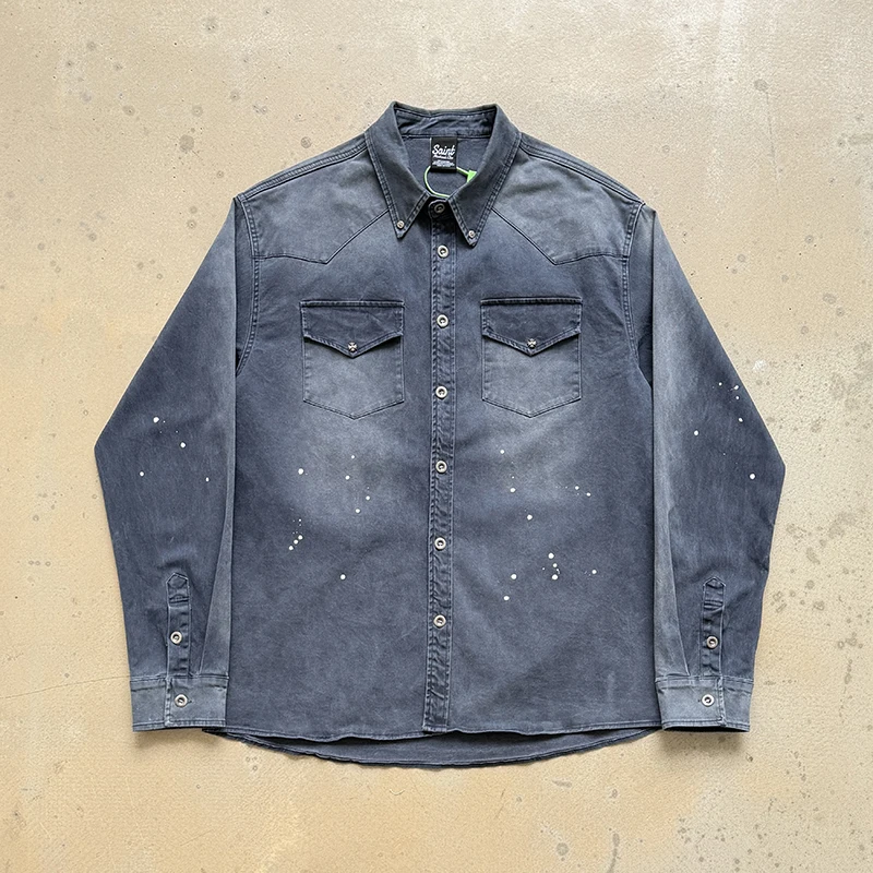 

New Arrival Saint Men's Shirt Vintage Distressed Western Style Shirt Splash Paint Oversized Long Sleeve Streetwear Top
