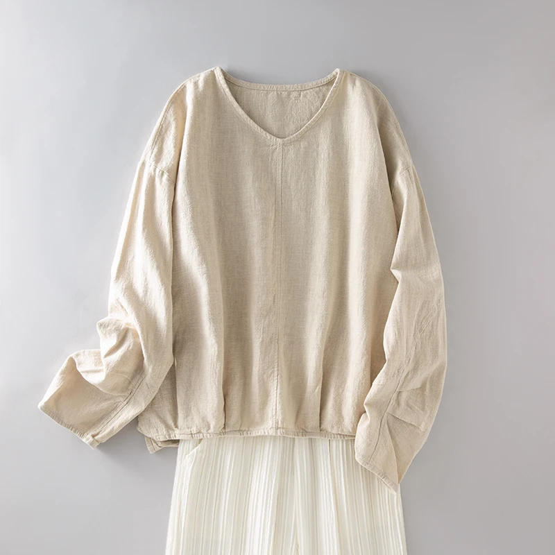

Women's Cotton Linen Long Sve V-Ne T-irt Casual Slimming Sle Spring New Arrival Simple Match All Leisure Top