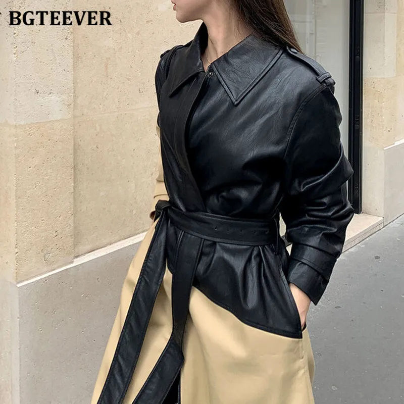 BGTEEVER Stylish Patchwork Women PU Leather Windbreaker Winter Long Sleeve Loose Lace-up Long Trench Coats for Women - view 3