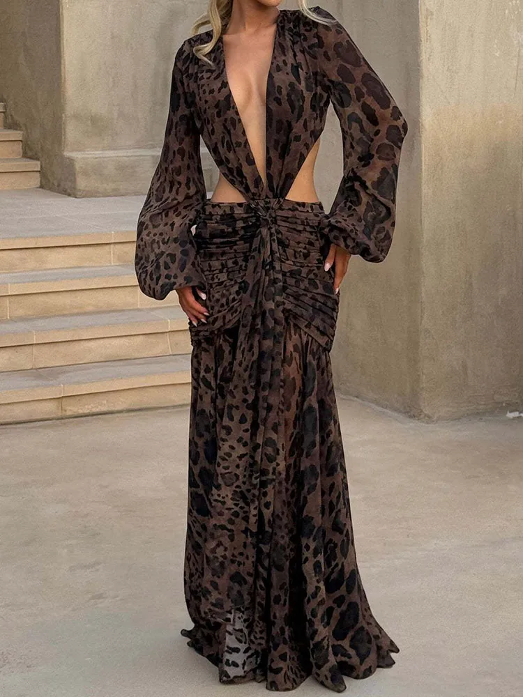 Damska Sukienka Maxi w Stylu Vintage z Bufiastymi Rękawami, Jesienna, Seksowna Sukienka z Głębokim Dekoltem V, Wycięciami, Dopasowana, na Imprezę, Codzienna, Vestido 2025