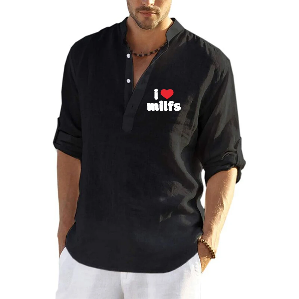 Man I Love Fish Summer Men's Shirt - Linen Material Long Sleeves Stand-Up Collar Breathable and Casual Chinese-Style Men T shirt