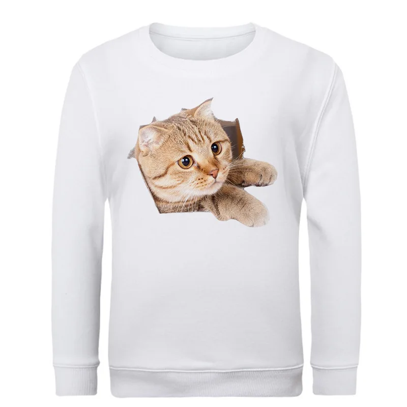 Boys Girls 3D Crack Paper Kitten Print Crewneck Sweatshirt Long Sleeve Casual Loose Kids Fashion Pullover Tops