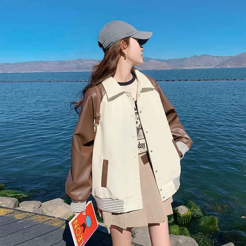 Bloqueio de cor emenda jaqueta de couro do plutônio feminino primavera outono 2025 estilo high-end super bonito pequena motocicleta jaqueta topo