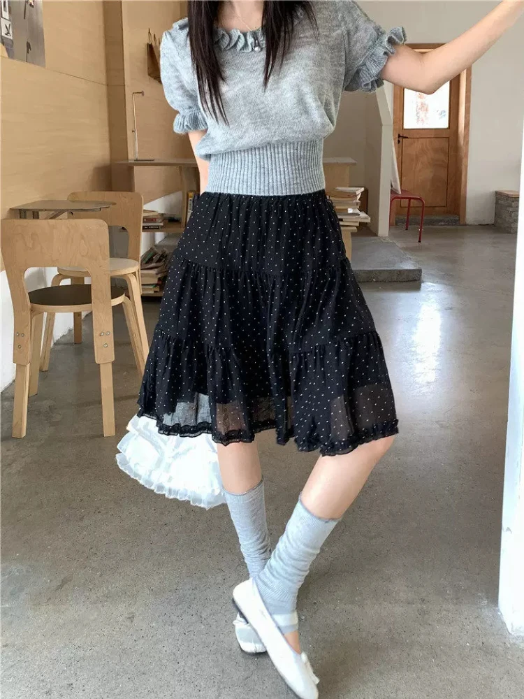 Korean Style Sweet Polka Dot Design Skirt Women New Cute Casual Midi Black Skirts Harajuku A-line Hottie Lace Fashion Cake Skirt