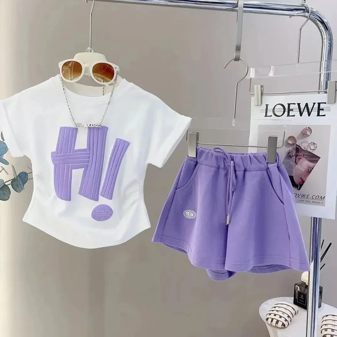 Children's Clothing Sets Monogram Print Short Sleeve Top + Shorts 2 Piece Set Kids Clothes Girls 2 To 8 Years Outfits