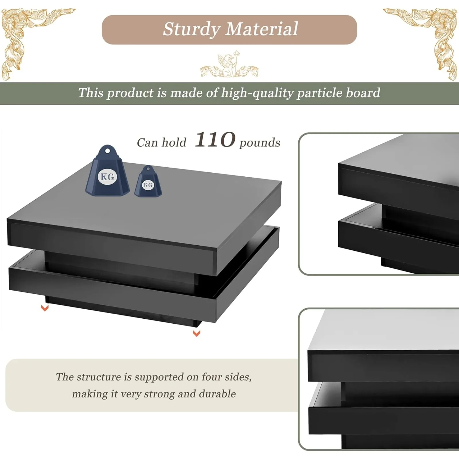 US White LED Coffee Table, 2 Tier Square Coffee Table, High Gloss Coffee Table with 16 Colors LED Lights & Remote Control,Modern