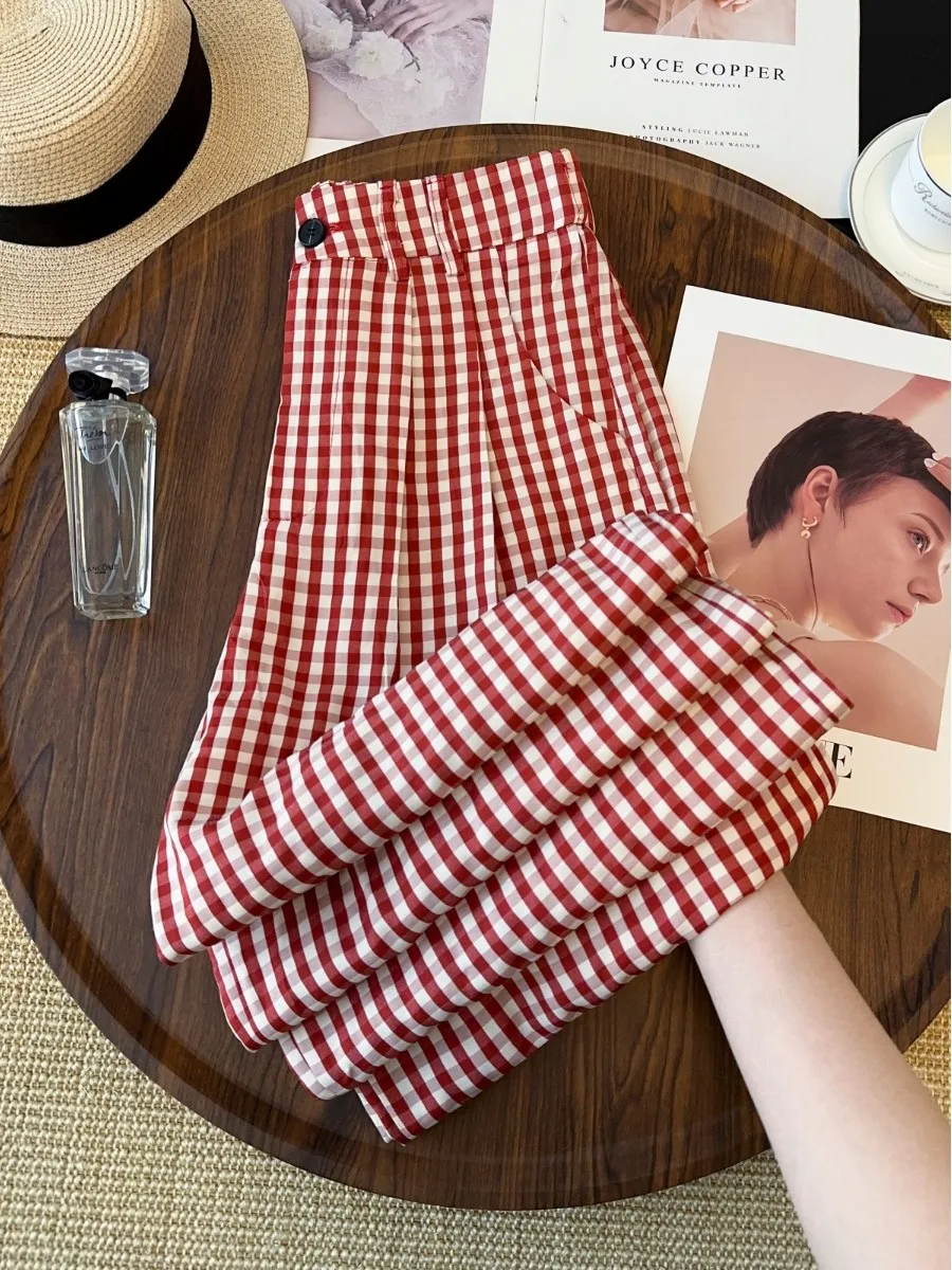 

Red Plaid Loose Women's Casual Pants 2026 Summer New Korean Style Wide Leg Pants Atmosphere Sensation plus Size Slimming