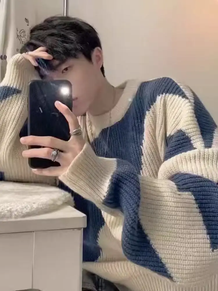 

American High Street Striped Color Blo Men's Sweater Autumn Winter Loose Casual Knitted Outerwear Polyester Fiber round Ne