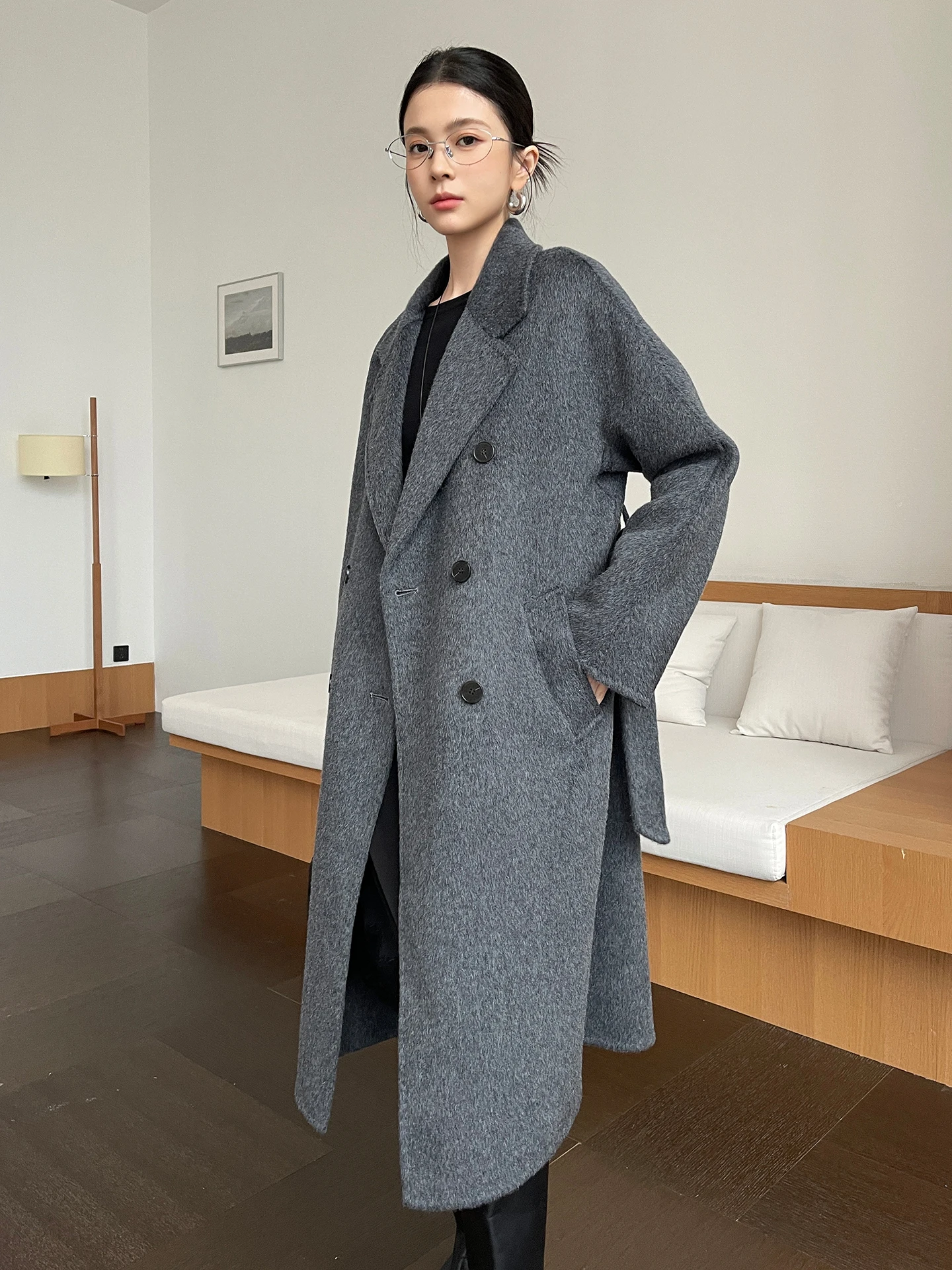 Classic 100% Brushed Wool Women Double Breasted Overcoat Belt Dense Fabric Notch Lapel Timeless Long Coat Winter Autumn Handmade
