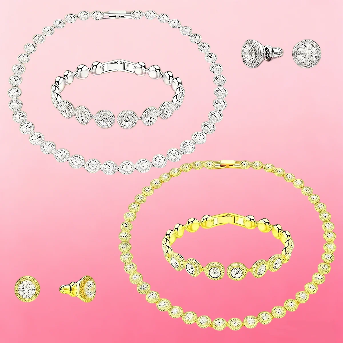 

925 Sterling Silver Classic Happiness Diamond Round Crystal Necklace Earrings Bracelet Set Daily Party Holiday Gift