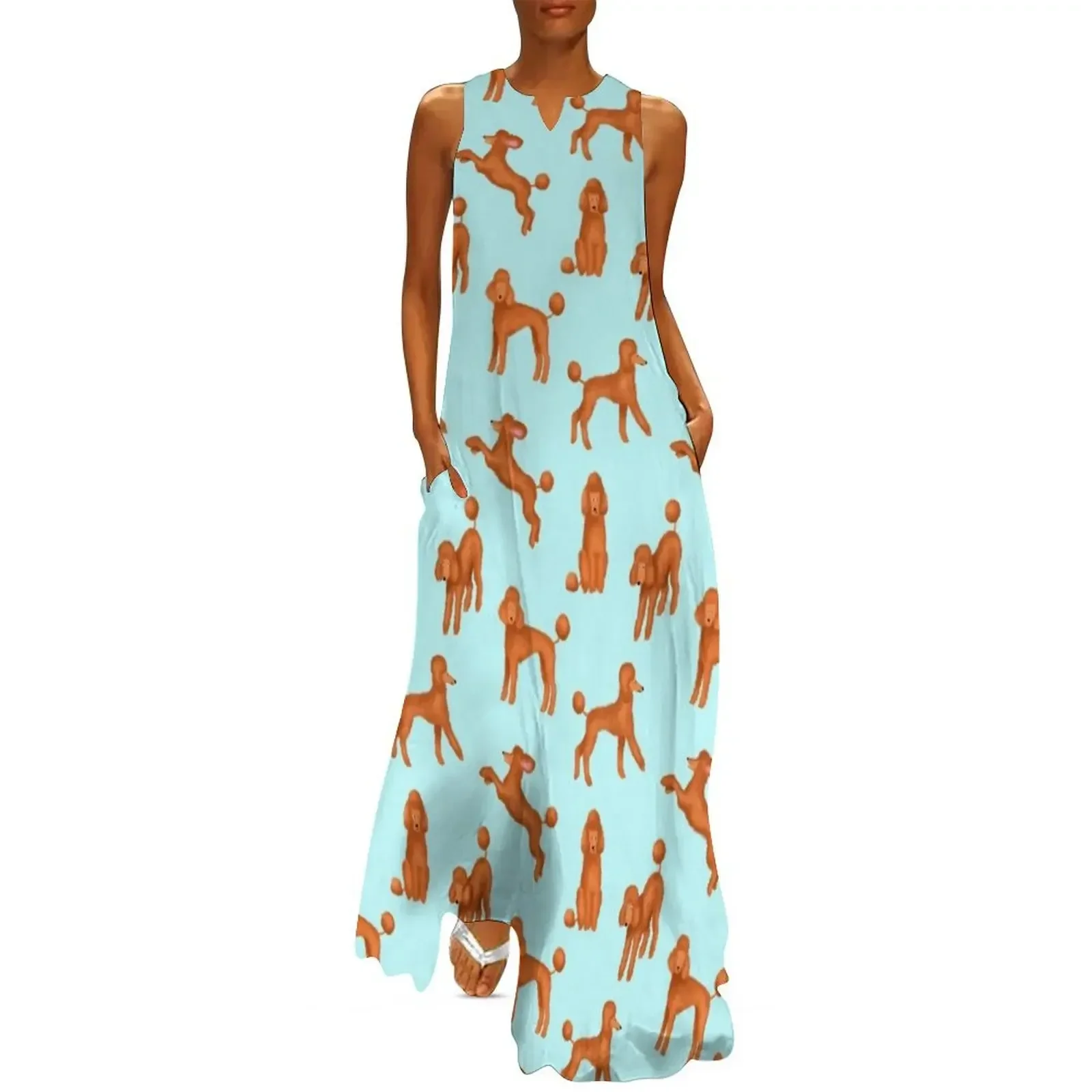 

Red Poodles Pattern (Light Blue Background) Long Dress dresses korean style long dress women loose women's dress
