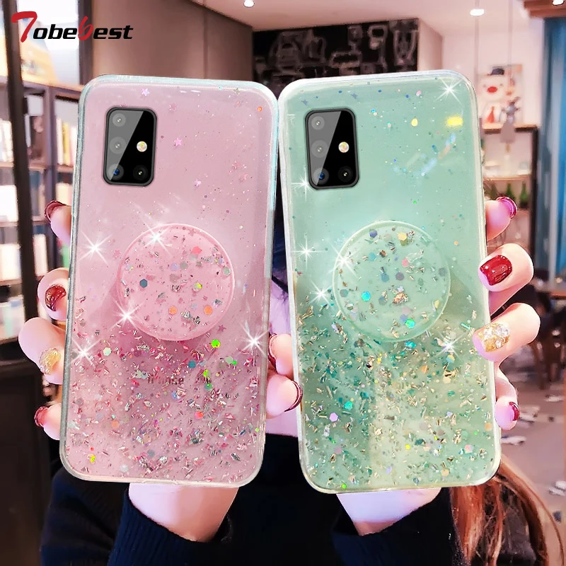 Bling Glitter Silver Foil Phone holder Case For Samsung Galaxy S21 S20 FE S22 S23 Ultra S10 Lite S10E S9 S8 Plus Silicone Cover