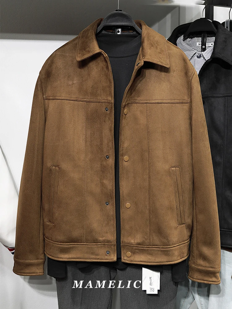 MAMELICCE Original design Faux suede Vintage color turn-down collar jacket Slim and short Men's clothing tops