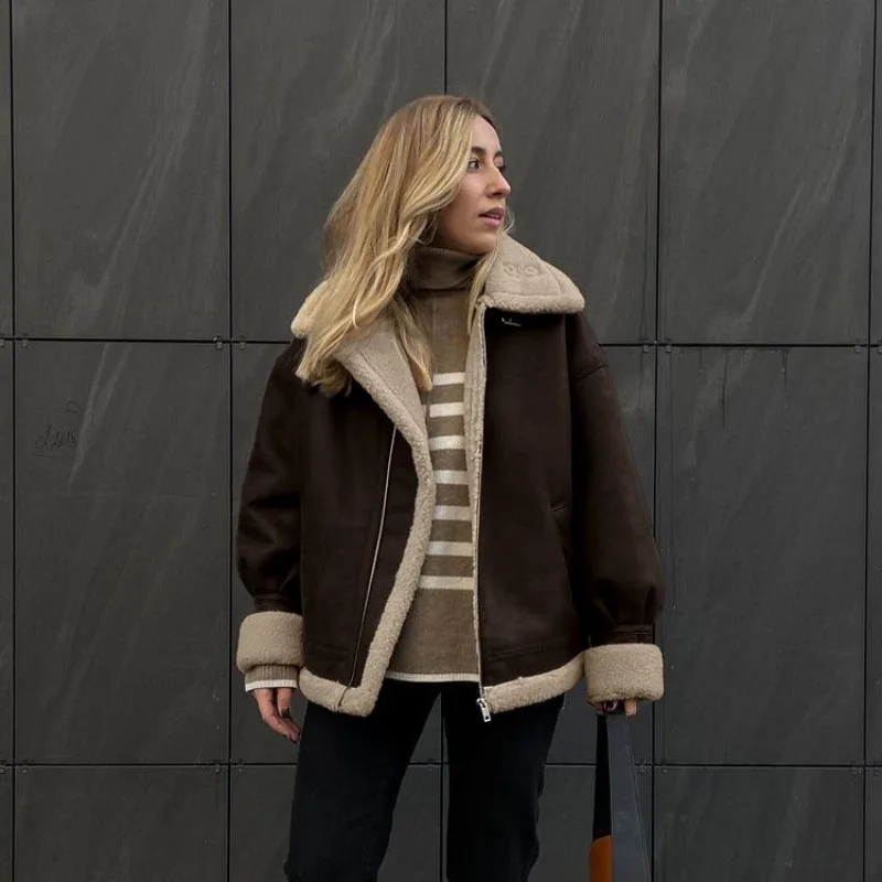 Patchwork Lapel Brown Plush Coats Zipper Loose Warm Thick Faux Fur Jackets Stylish Casual Women‘s Faux Lamb Furry Jackets Fluffy