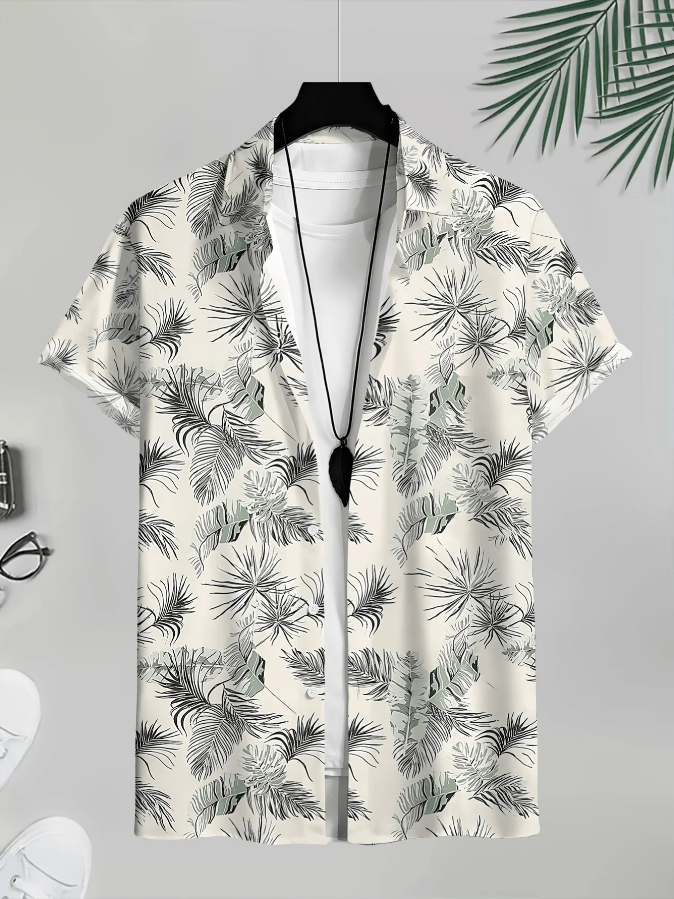 

Mens Casual Short Sleeve Shirt With Tropical Palm Leaf 3D Print Pattern