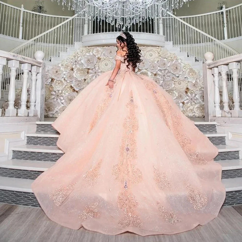 فساتين أميرة Quinceanera ، ثوب الكرة الوردي ، قبالة الكتف يزين ، الحلو 16 فساتين ، 15 عاما ، المكسيكي