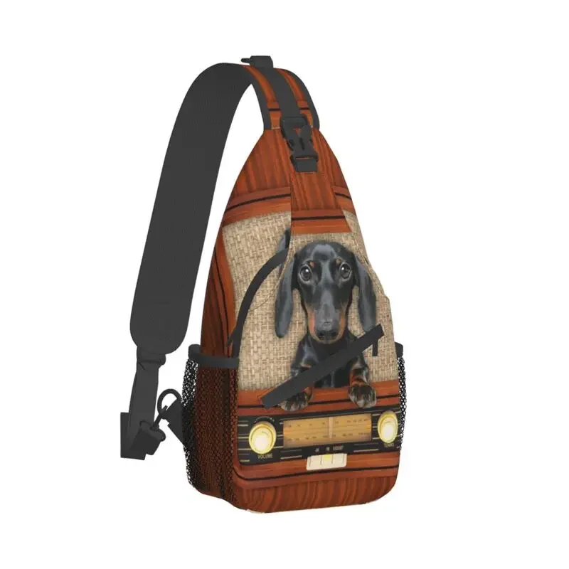 Dachshund Dog On Radio Crossbody Sling Backpack Men Custom Badger Wiener Sausage Chest Shoulder Bag for Travel Hiking Daypack