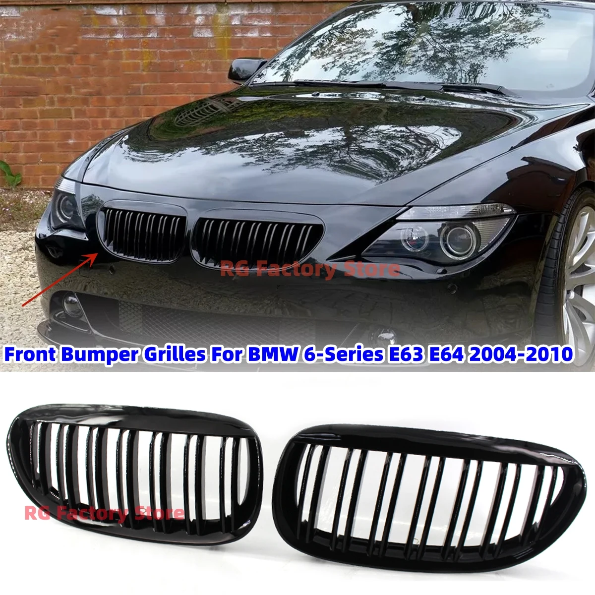 

Передняя решетка бампера для почек для BMW 6 серии E63 E64 2004-2010, 1 пара, глянцевая черная гоночная решетка, двойная крышка планки