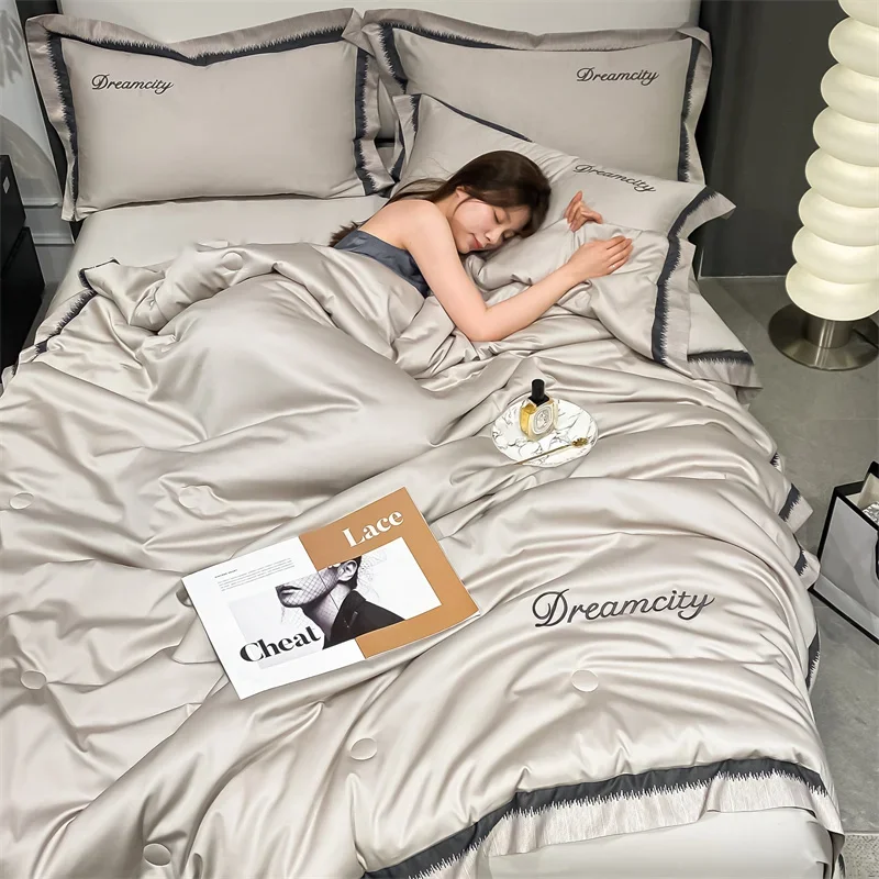 Silky Breathable Summer Blanket Light Luxury Embroidery Air Conditioner Quilt Washed Ice Silk Comforter Soft Single Double Duvet