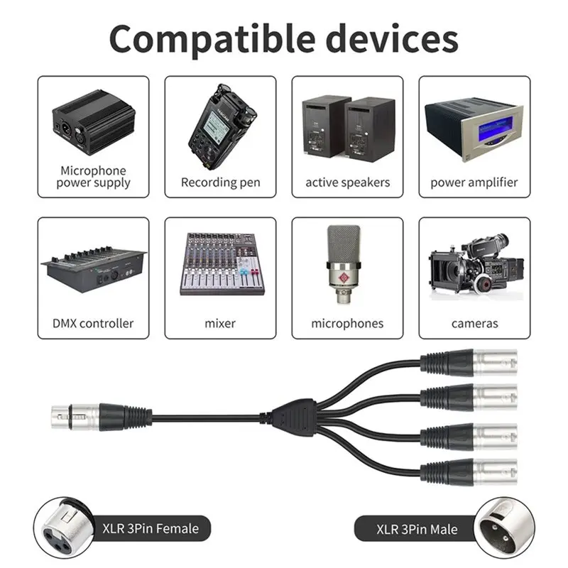 A96T 2X 3Pin XLR 1 Female To 4 Male Y Splitter Audio Cable,4Way-1 XLR Single Input To Four Output Parallel Connection Cable