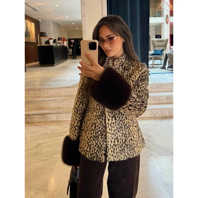 Chic Stand Collar Leopard Print Short Coat Women Puffy Fur Cuff Patchwork Long Sleeve Button Jacket  Vintage Street Lady Outwear