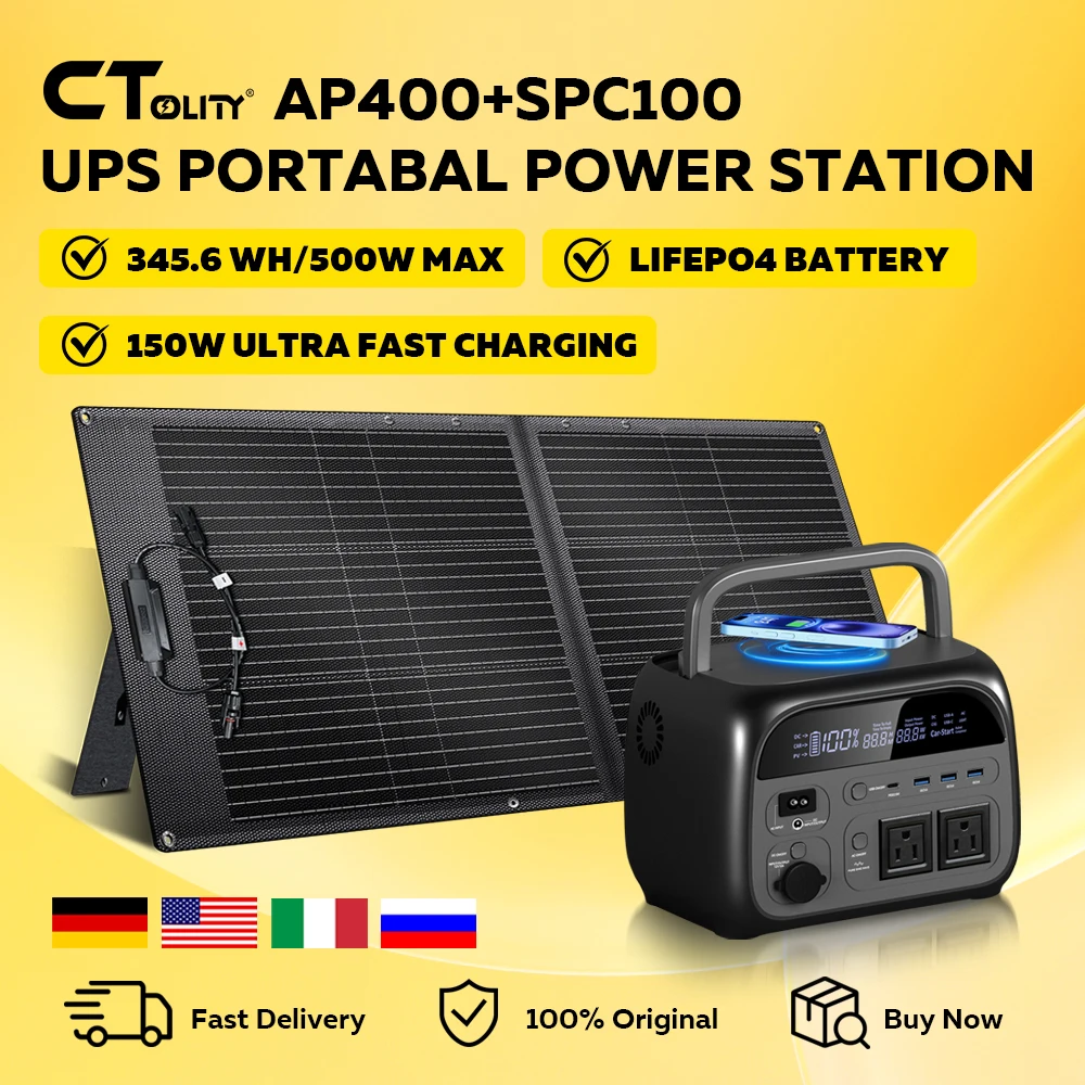 

CTOLITY AP400 Солнечный генератор 500 Вт Lifepo4 + 100 Вт ETFE Зарядное устройство для солнечной панели 20,5 В для кемпинга Аварийный кемпинг Туризм Путешествия Powerbank