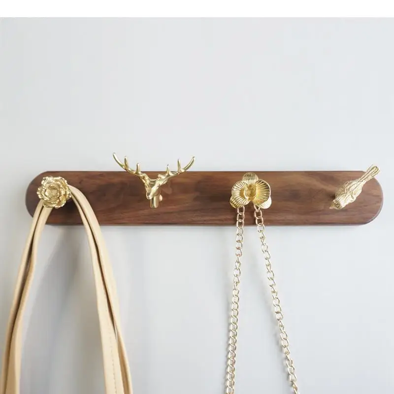 

Walnut Solid Wood Brass Hook Hangers Wall Hanging Storage Rack Decorative Hooks Organizer Decoration Accessories