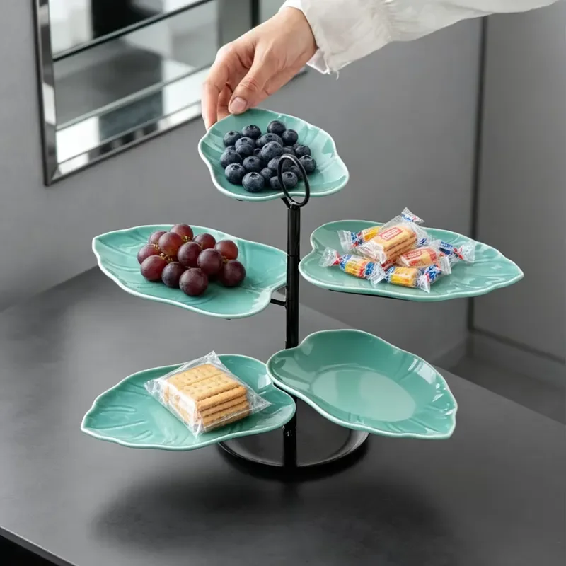 Multi Layer Leaf Shaped Wrought Iron Ceramic Fruit Tray Rack Tiered Storage for Dessert Fruits Simple Modern Design