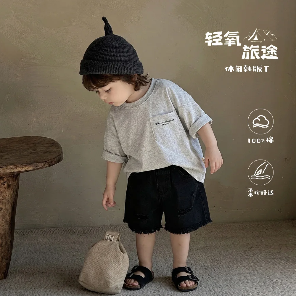 

2026 New Kids Boys Summer Cotton Short Sleeve T-Shirt Korean Style Casual Loose Fit Soft Breathable Tops Toddler Baby Daily Tee