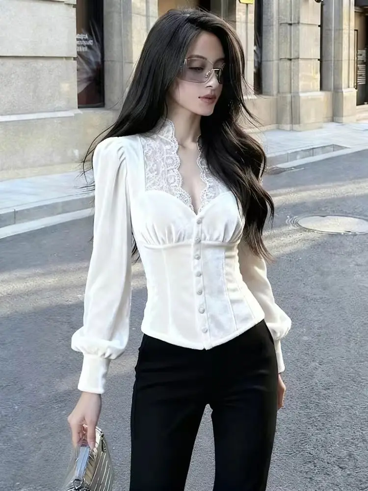Elegant White Velvet Shirt with Lace Splicing for Women Autumn Season Fashionable Age-Defying Luxury Sensation French Style