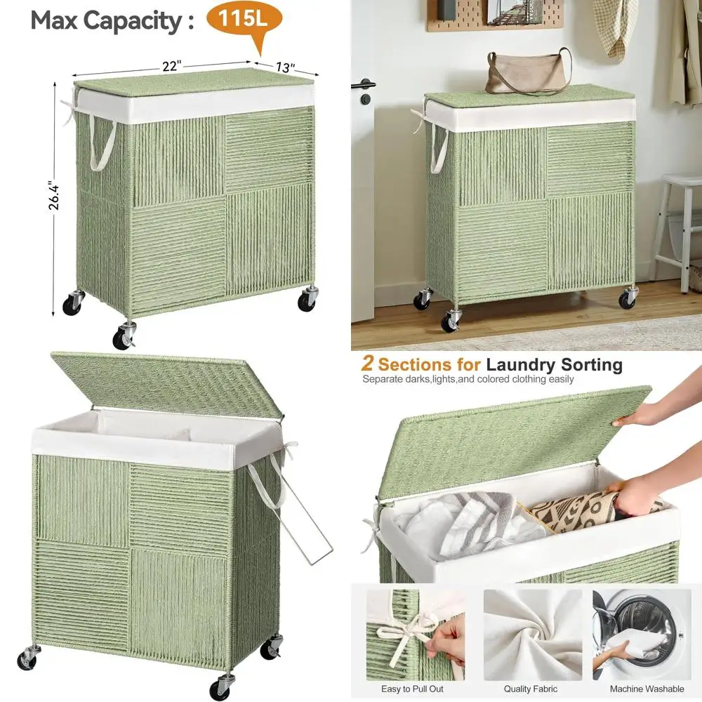 

Зеленая корзина для белья на колесиках объемом 115 л с крышкой и съемным вкладышем для сортировки белья большой емкости