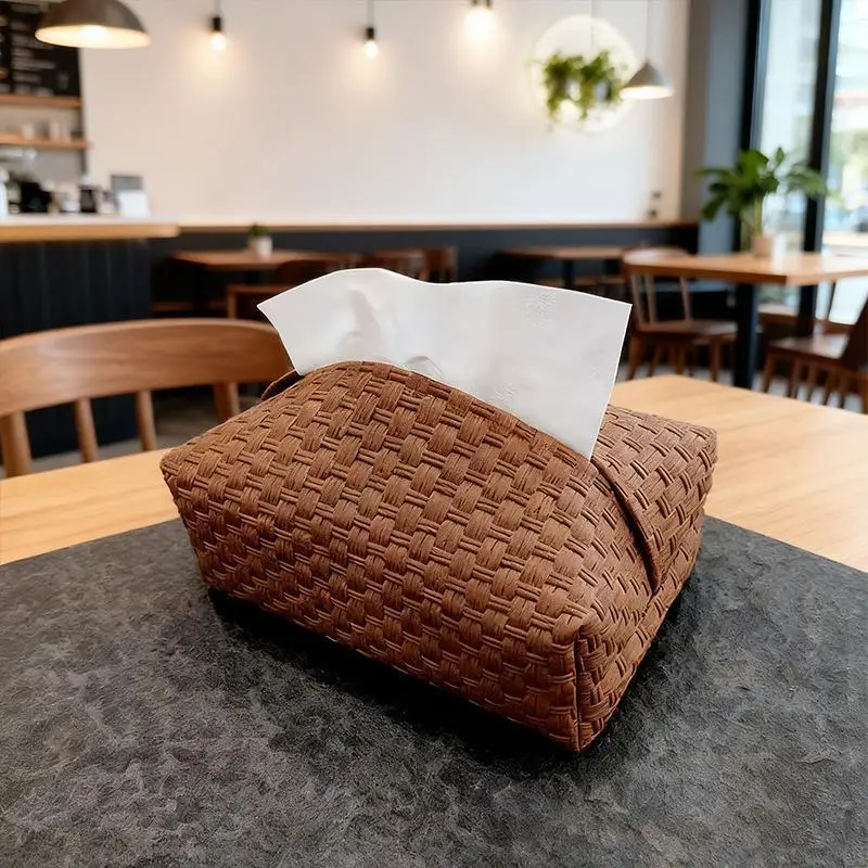 Woven Leather Tissue Box Waterproof Sturdy Rectangular Tissue Organizer for Bedroom Office Coffee Table