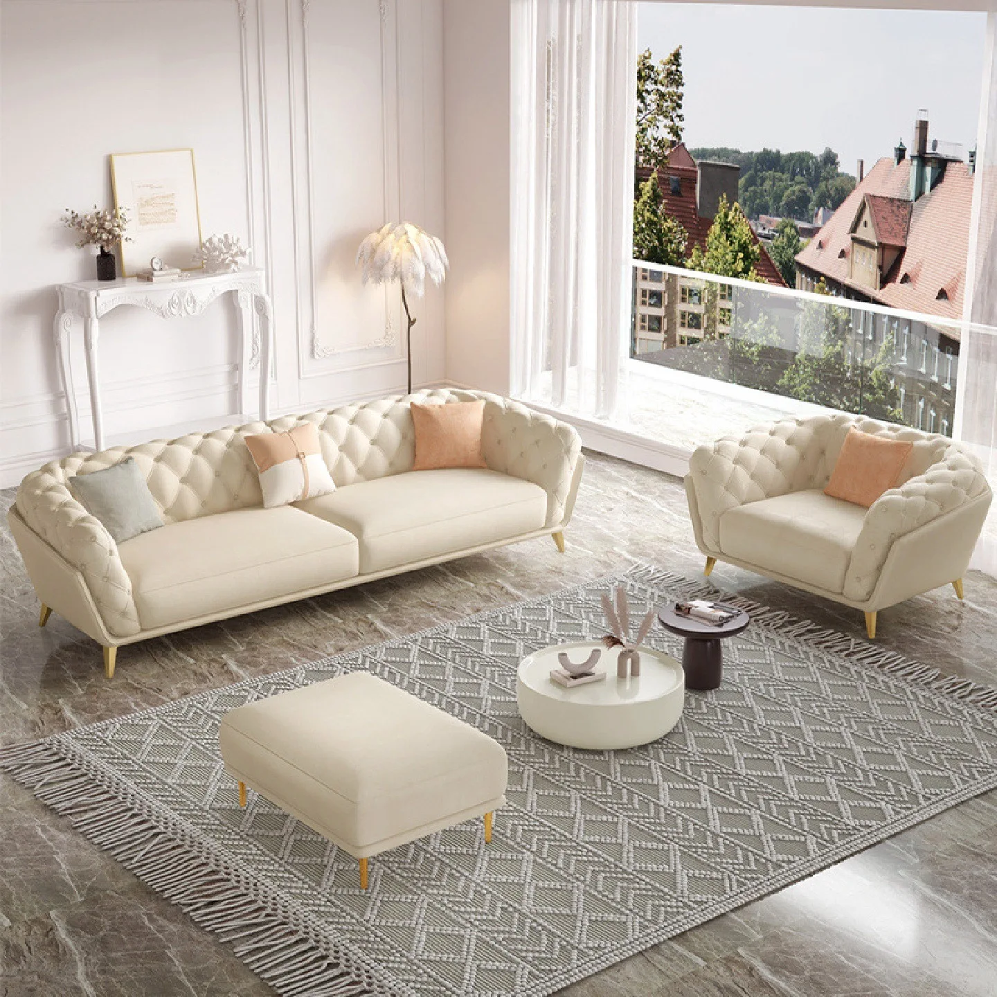 French Cream Fabric Sofa, Retro Light Luxury Skin-Friendly Milk Velvet, Minimalist Straight Sofa for Small Living Room