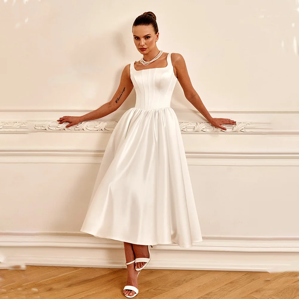 Hermosos dos correas anchas hasta el té satén una línea vestidos De novia hechos a medida nupcial crecido 2025 Vestido De Noival