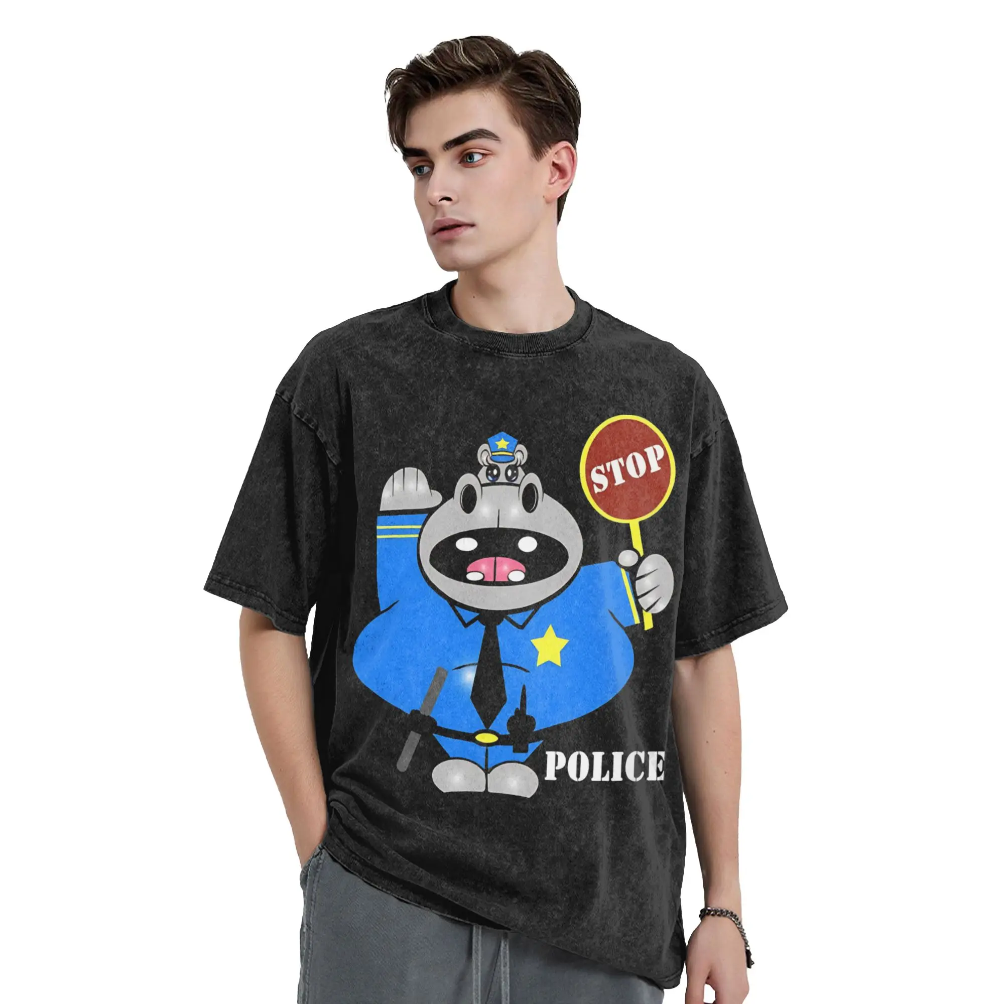 Hippo traffic police T-Shirts Men  Humor Pure Cotton Tees Crewneck Short Sleeve T Shirt Gift Idea Tops
