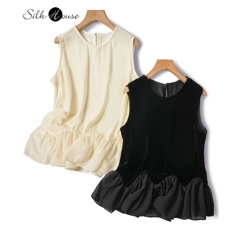 Light Luxury 30% Natural Mulberry Silk Velvet Sleeveless Loose Ruffle Edge Women's Fashionable Solid Color Versatile Vest