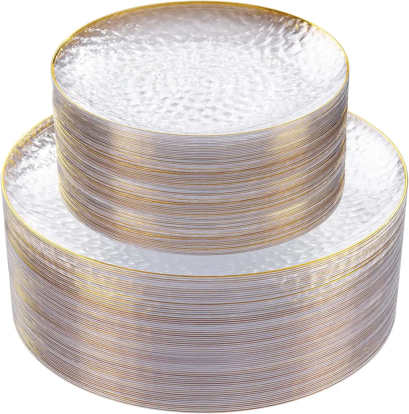 

60 Clear Plastic Plates with Gold Rim, Heavy-duty Hammered Design for Wedding, Party & Christmas