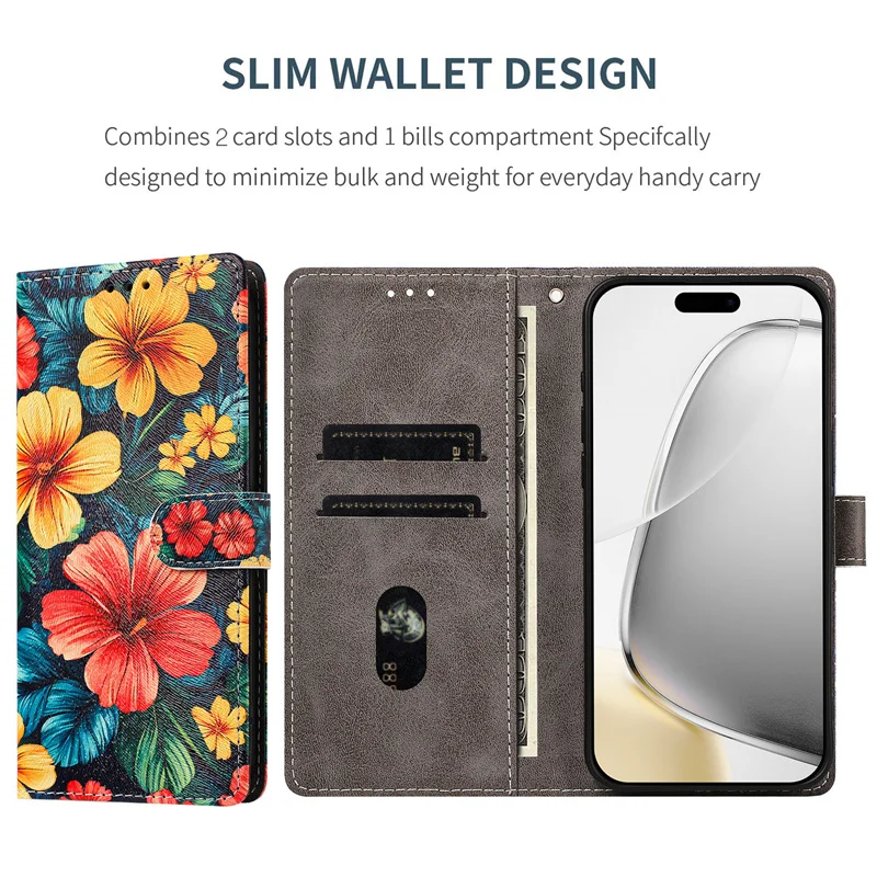 Wallet Case for Honor 600 Pro 400 Smart 200 Magic 8 Lite GT Pro X5B X5C Plus X8D X9D X6D X8C Case Hibiscus Flower Leather Cover