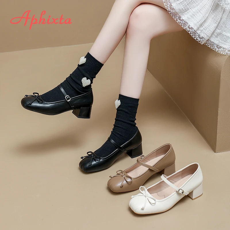 

Aphixta Sweet Bow Mary Jane Shoes Shallow 4.5CM Square Heel Pumps Elegant Women Shoes Sales on Shoes Women's Pumps and Heels