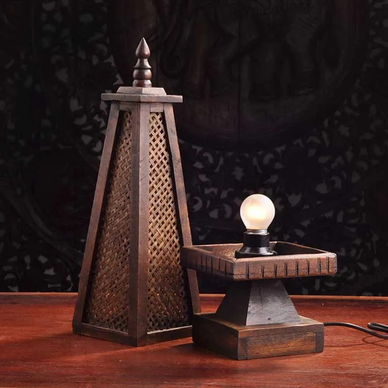 Solid wood bamboo bedroom bedside table lamp, Thai style antique decorative table lamp