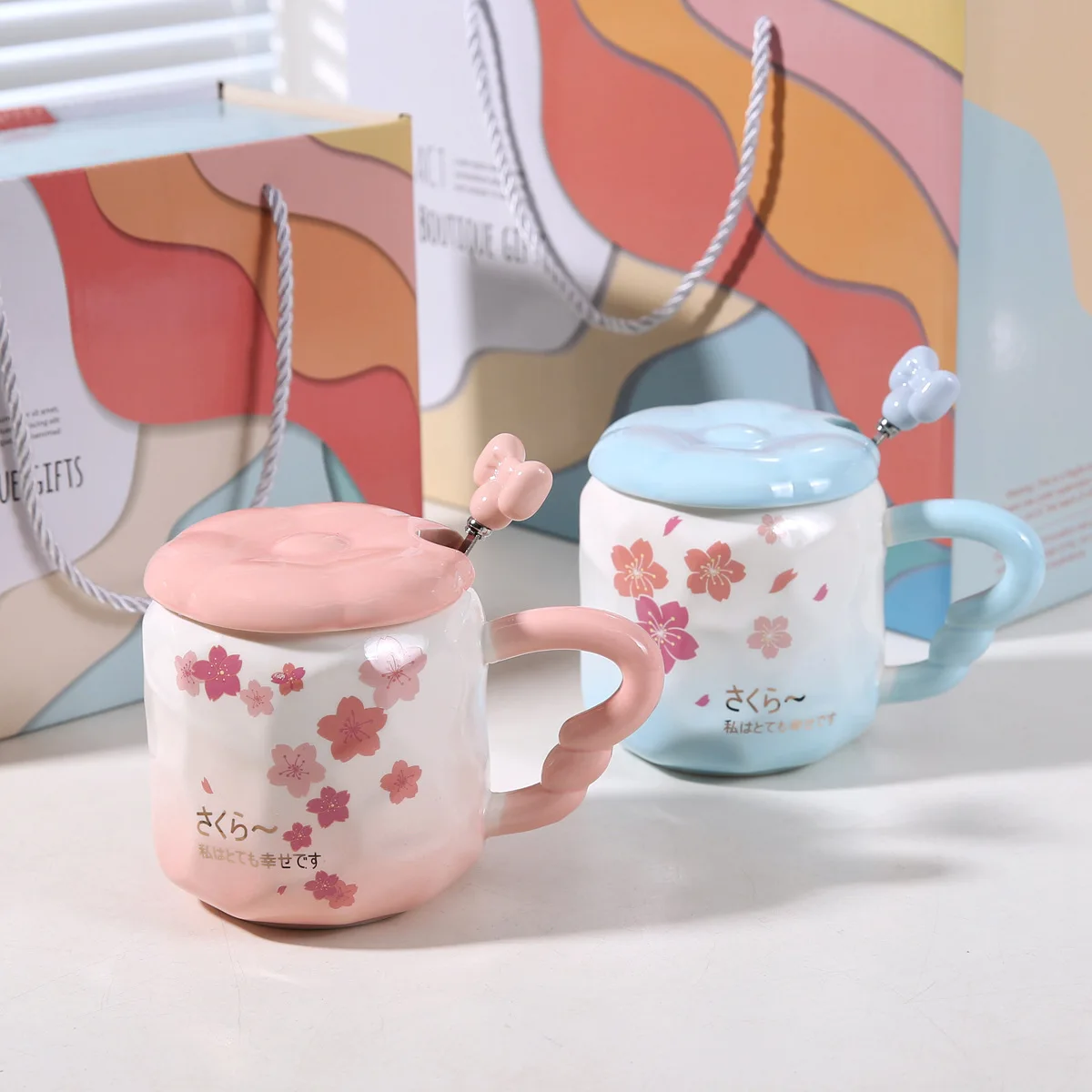 Cream Cherry Blossom Ceramic Mug with Gift Box, Cute Chubby Cups, Office Flower Coffee Mugs with Lid Spoon, Christmas Gift Cup