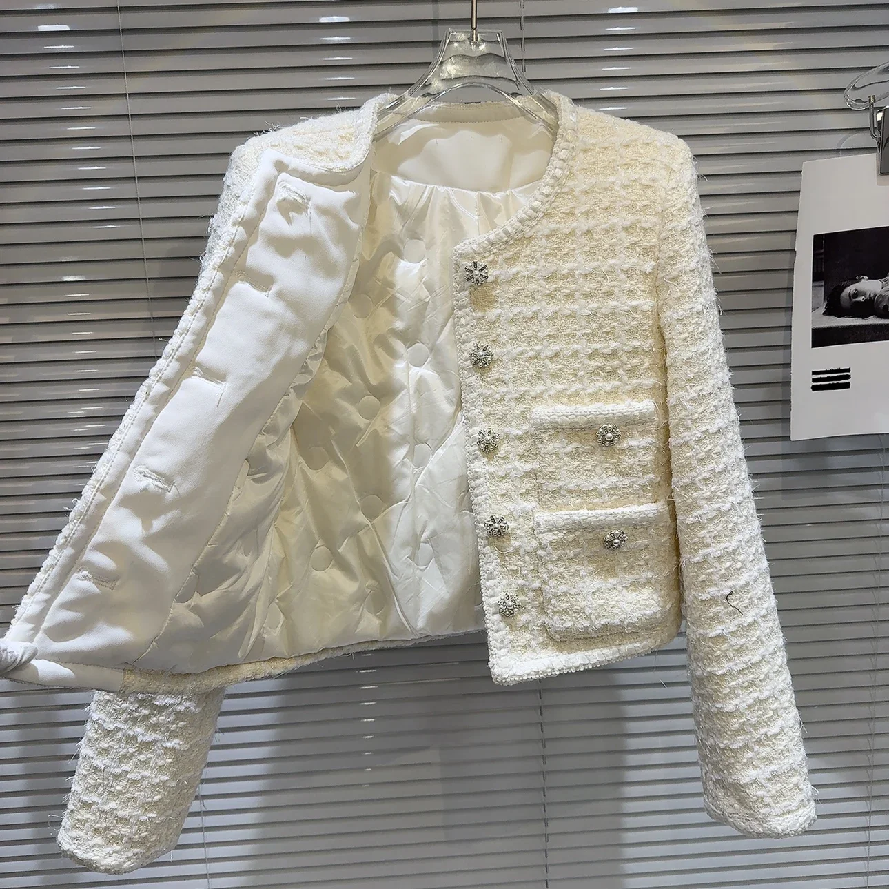 Korean Elegant Commuter Round Neck Long Sleeve Single-breasted Straight Casual Tweed Warm Down Coats Women Winter Short Jackets