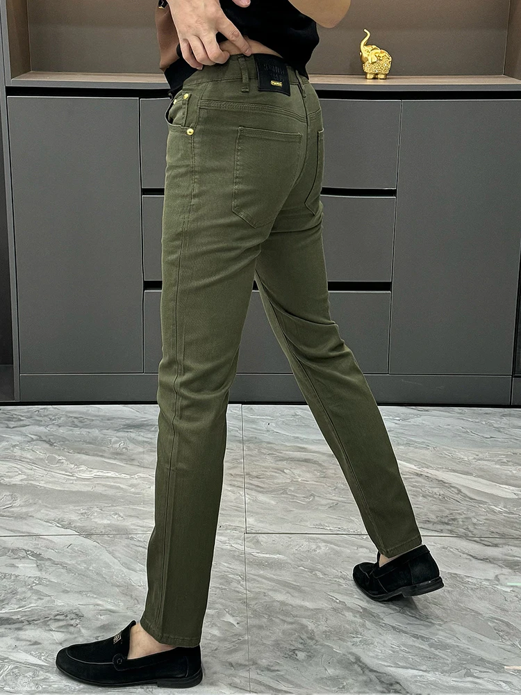 

Джинсы Slim Fit для похудения, мужские удобные модные повседневные брюки в городском стиле, однотонные, с высокой талией, с металлическим декором, износостойкие