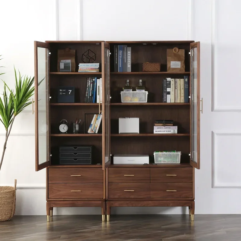 Nordic black walnut bookcase, simple modern glass door, white oak shelf storage 4