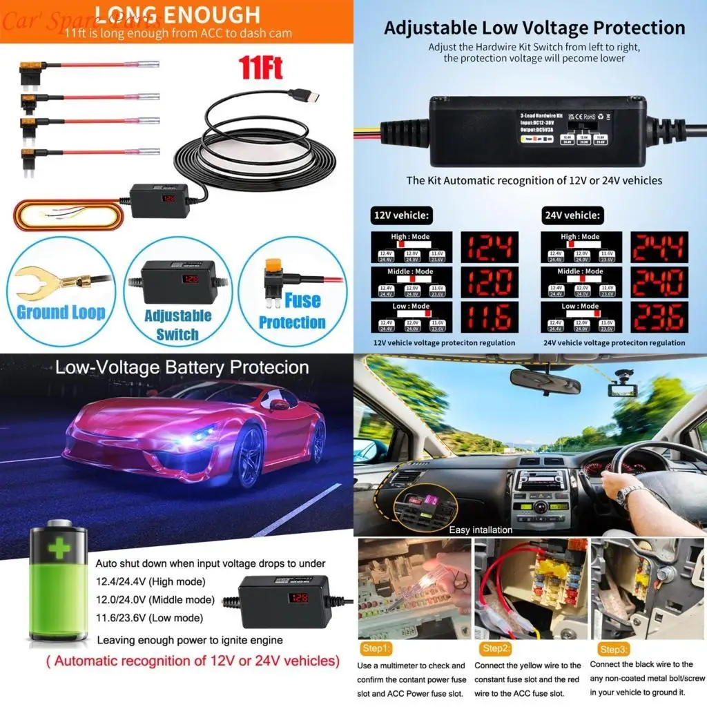 Y4UA Dashboard Cams Hardwire set Car Chargers Cable 12V 24V to 5V Voltages Converter for Continuous Power & Low Voltages
