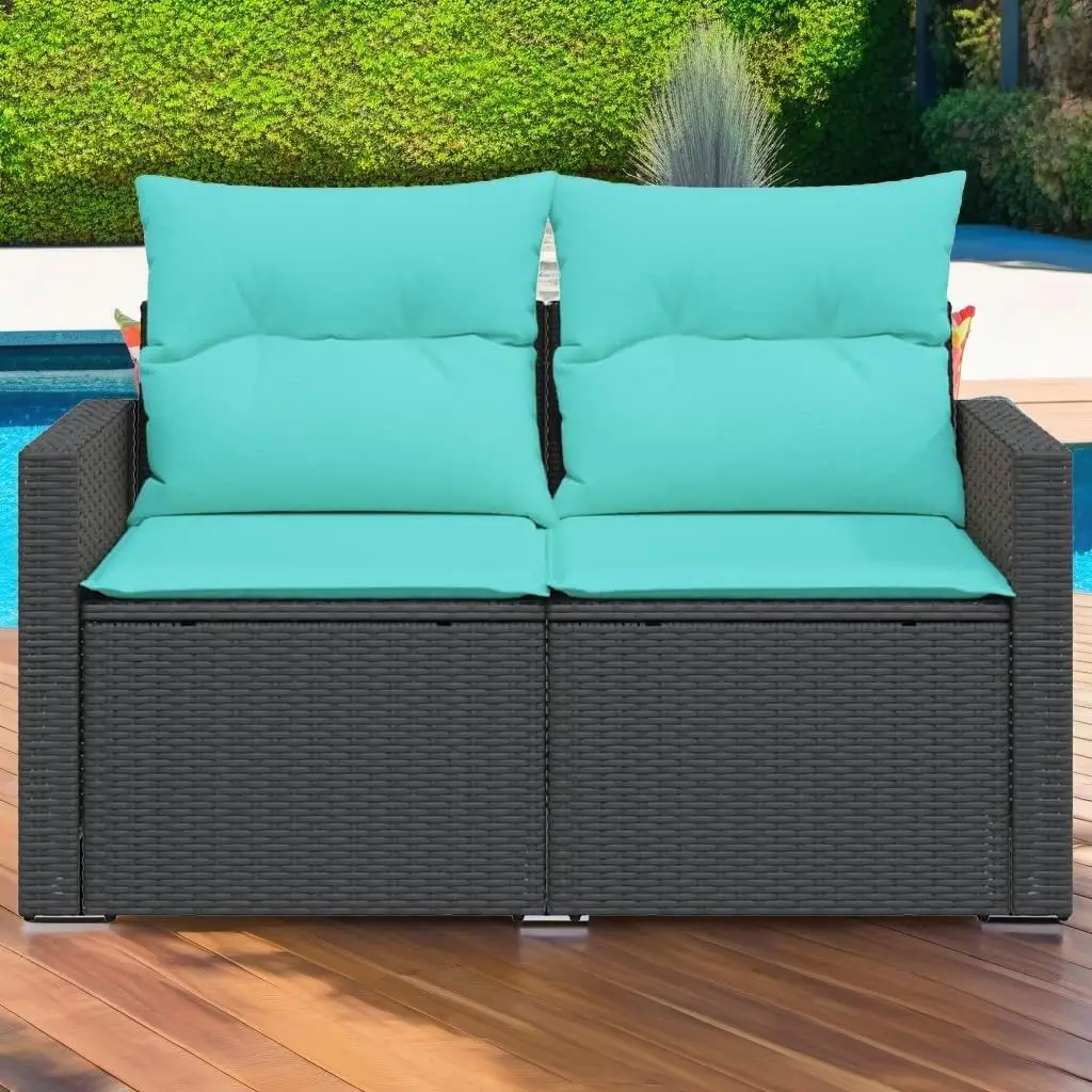 Black Poly Rattan 2-Seater Patio Sofa with Cushions - Stylish Outdoor Seating