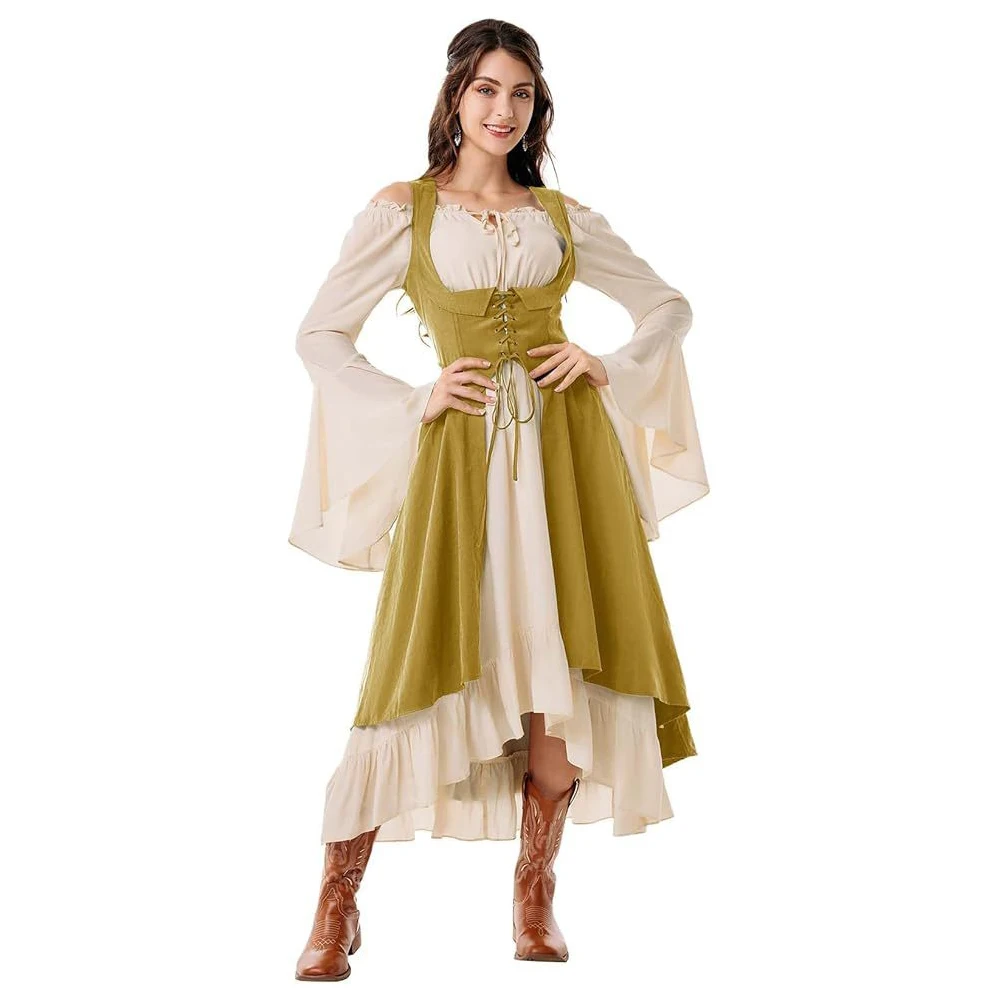 ملابس عصر النهضة النسائية، محيط الصدر، مزارع القراصنة، فستان عالي منخفض مع فم، طقم مكون من قطعتين