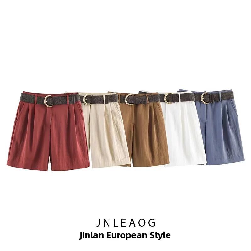 JNLEAOG Summer New Women's Fashion Belted Pleated Casual Shorts Wide Leg Pants Natural Waist Polyester Polyester Fiber