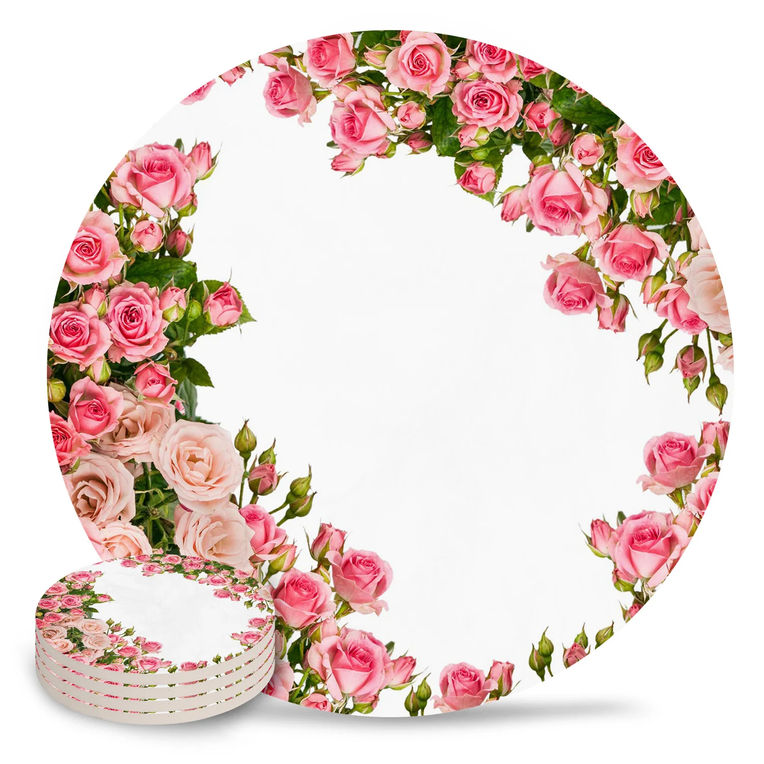 Pink Rose Flower Bouquet White Coasters Ceramic Set Round Absorbent Drink Coaster Coffee Tea Cup Placemats Table Mat